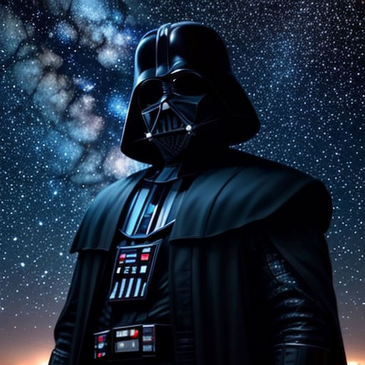 a darth vader standing in front of a night sky with stars in the background and a star filled sky