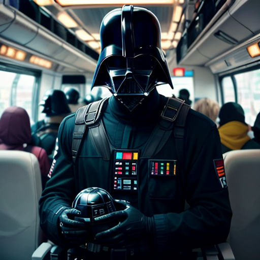 a man in a darth vader costume on a bus with people in the background watching him from the seats