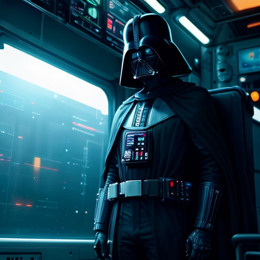 a man in a darth vader costume standing in a room with lights on and a window behind him