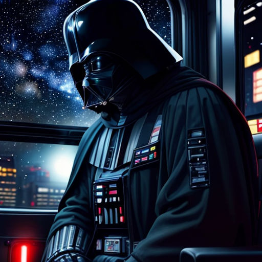 a man in a darth vader costume is looking out the window at the stars of the night