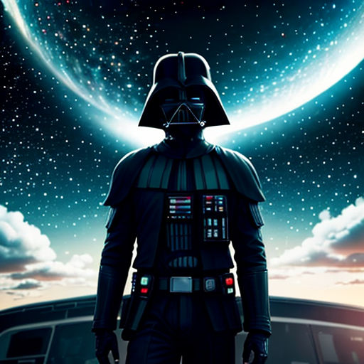 a man in a darth vader costume standing in front of a space station with a planet in the background