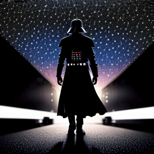 a man in a darth vader costume walking down a runway at night with stars in the sky