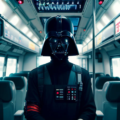 a man in a darth vader costume on a train with a darth vader helmet on