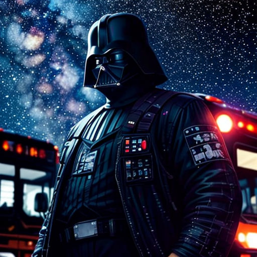 a man in a darth vader costume standing in front of a bus with a star wars theme on it