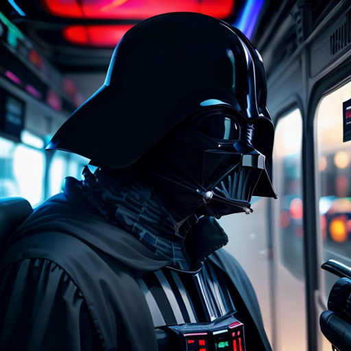 a darth vader character is on a train looking at a cell phone screen with a red light in the background
