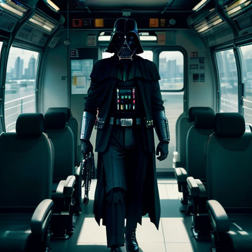 a man in a darth vader costume is walking down a train car with a gun in his hand