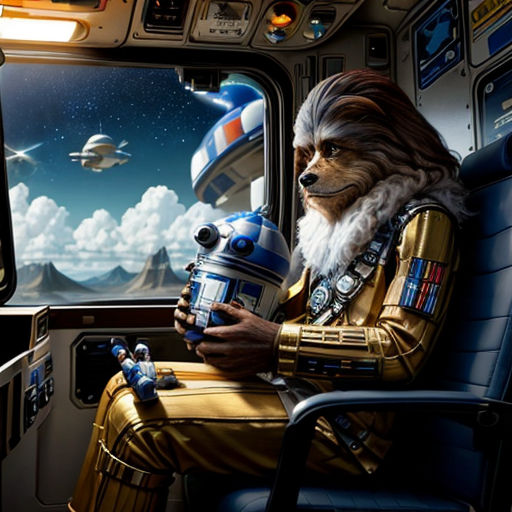 a man in a star wars costume sitting in a space station with a robot and a droid in his lap