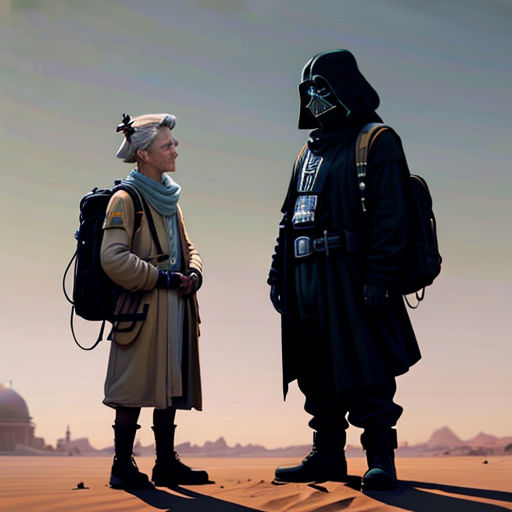 a man in a star wars outfit standing next to a man in a darth vader outfit in the desert