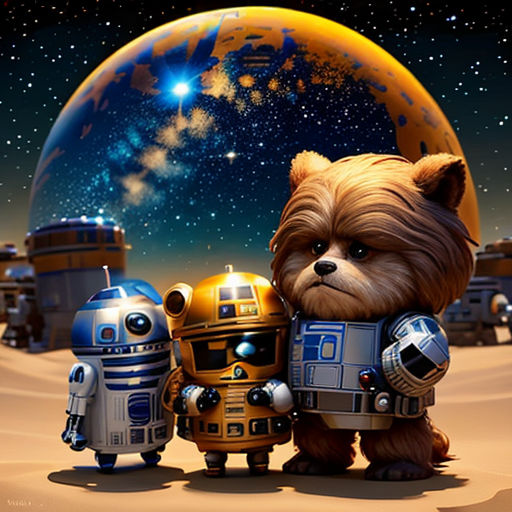 a star wars scene with a dog and a robot on the ground and a planet in the background with stars