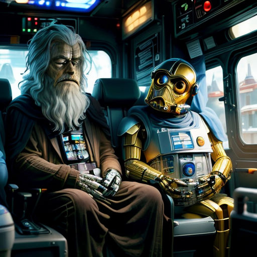a man and a robot sit on a bus together, both dressed in costumes of star wars characters,