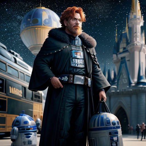 a man in a star wars costume holding two bags of luggage in front of a castle with a train