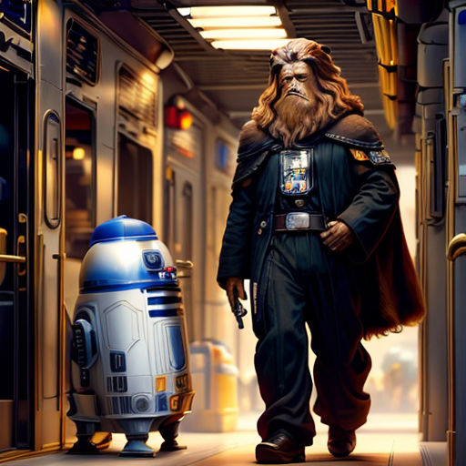 a star wars character is walking down a hallway with a robot behind him and a r2d2 robot behind him