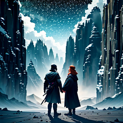 a couple of people standing in front of a mountain range with a sky full of stars above them and a star filled sky