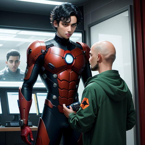 a man in a suit talking to a man in a green hoodie in an office setting with a robot, assemblage, a comic book panel, Eddie Mendoza, promotional image