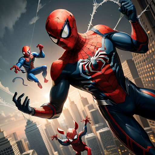 a spider man is jumping in the air with other spider men in the background in a city scene with skyscrapers, sots art, poster art, Eddie Mendoza, key art