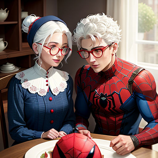 a couple of people that are sitting at a table with a cake in front of them and a spider man, fantastic realism, a hyperrealistic painting, Alton Tobey, stanley artgerm lau