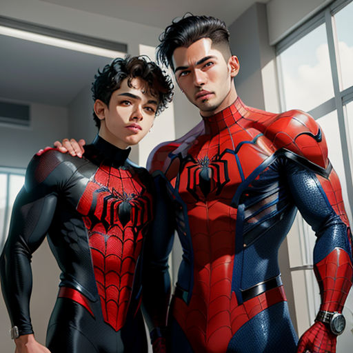 two men in costumes standing next to each other in a room with windows and a sky background, one of them is wearing a spider man's suit, photorealism, a hyperrealistic painting, Artgerm, stanley artgerm lau