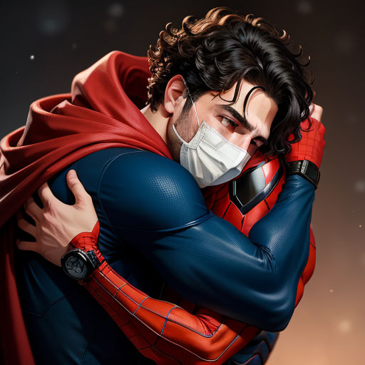 a man in a red cape hugging a spider man in a mask and cape on his face, with a snowflake in the background, realism, a digital painting, Artgerm, stanley artgerm lau