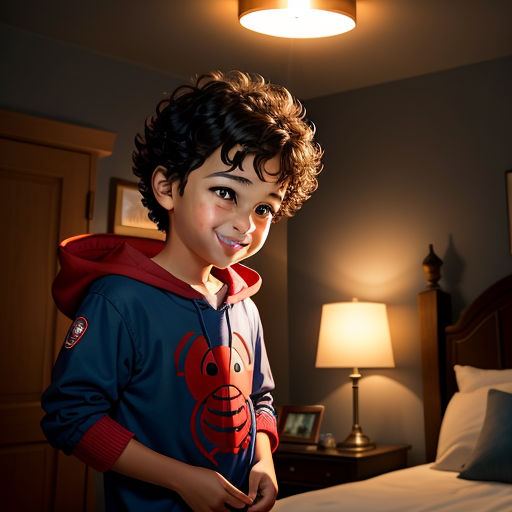 a young boy standing in a bedroom next to a bed with a light on above him and a lamp on the side of the bed, photorealism, a photorealistic painting, Eddie Mendoza, photoreal