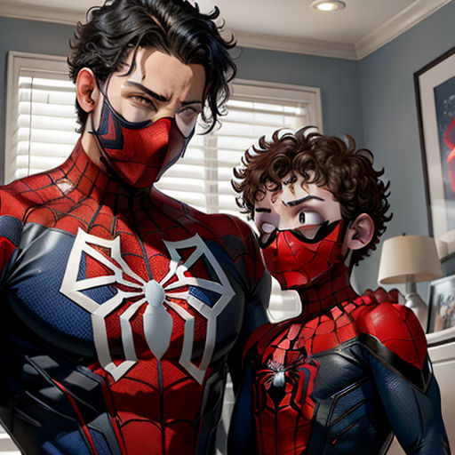 a man and a woman in spider man costumes in a bedroom with a window behind them and a lamp, sots art, a comic book panel, Artgerm, official art