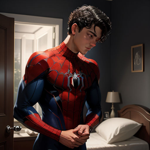 a man in a spider man suit standing in a bedroom next to a bed and a door with a window, photorealism, a hyperrealistic painting, Alton Tobey, photoreal