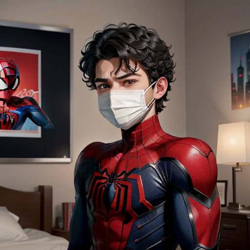 a man in a spider man suit wearing a face mask and a poster of a spider man in the background, hyperrealism, a hyperrealistic painting, Artgerm, stanley artgerm lau