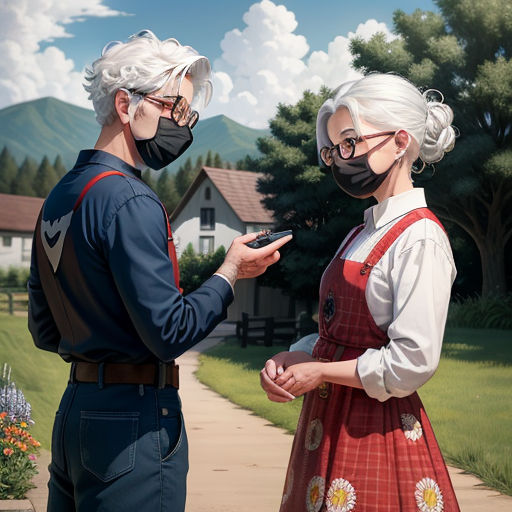 a man and woman wearing masks standing on a sidewalk near a house and a flower garden, one of them is holding a cell phone, american scene painting, a detailed painting, Atey Ghailan, solarpunk