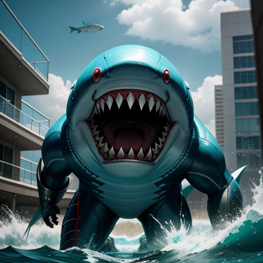 a shark with its mouth open in the water near a building and a shark boat in the water with its mouth open, shock art, concept art, Chris LaBrooy, promotional image