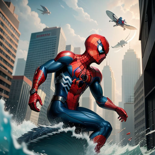 a spider man is standing on a wave in the ocean with a city in the background and a plane flying overhead, sots art, a comic book panel, Artgerm, official art