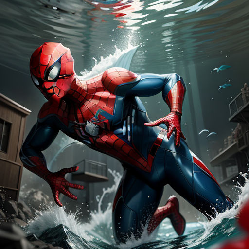 a spider man is in the water with his arms out and his legs spread out, as he is holding onto a red object, photorealism, a comic book panel, Artgerm, stanley artgerm lau