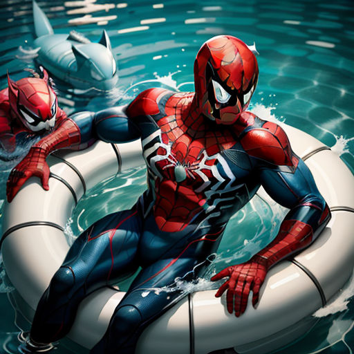 a spider man floating on a raft in the water with a shark in the background and a shark in the water, sots art, a comic book panel, Artgerm, rossdraws global illumination