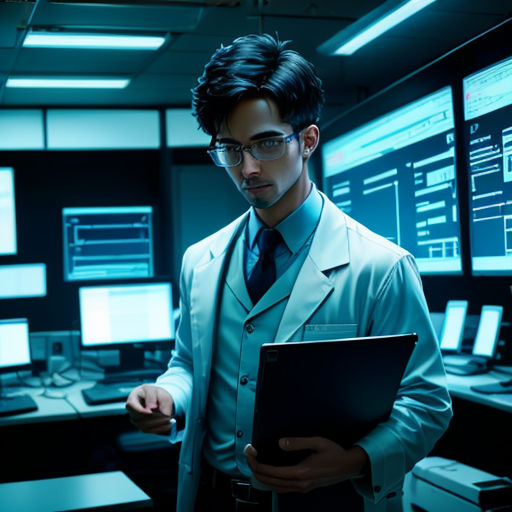 a man in a suit and tie holding a laptop in a room with multiple monitors on the wall and a computer screen on the wall