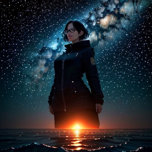 a woman standing in the water with a star filled sky behind her and a bright sun in the middle of the water