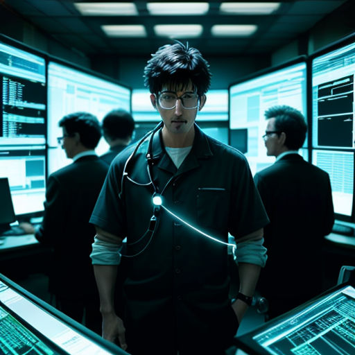 a man in a black shirt and glasses standing in front of multiple monitors in a room with multiple screens
