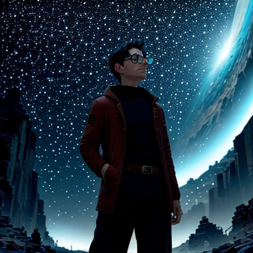 a man standing in front of a space filled with stars and planets, with a sky full of stars