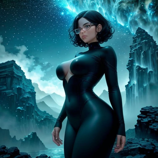 a woman in a black dress standing in front of a mountain and sky with a star in her eyes