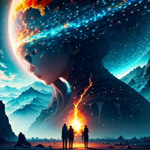 a woman with a planet in her head and two people standing in front of her, with the sun in the background