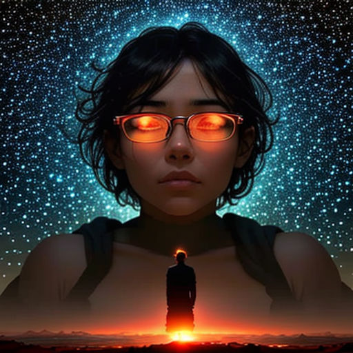 a woman with glasses standing in front of a star filled sky with stars in the background and a person standing in the foreground