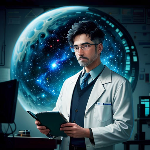a man in a lab coat holding a tablet in front of a computer screen with a picture of the earth in the background