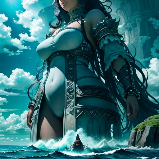 a woman in a blue dress standing on a rock in the ocean with a boat in the background and a full moon in the sky