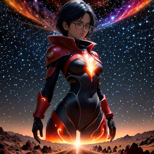 a woman in a space suit standing in front of a star filled sky with a bright light in her hand