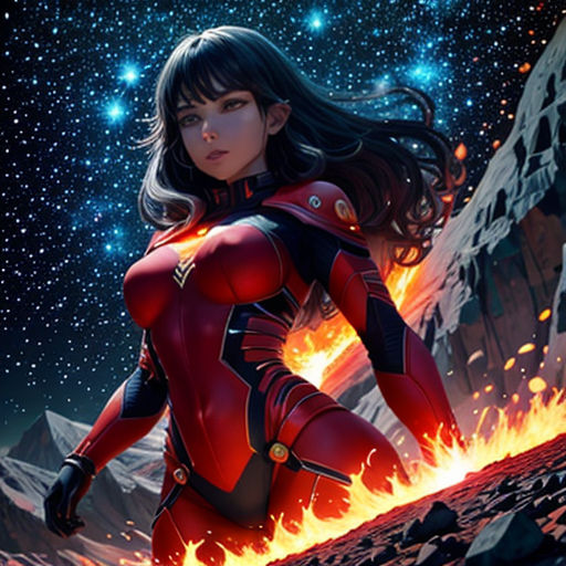 a woman in a red suit standing in front of a mountain with a star filled sky behind her and a bright orange flame