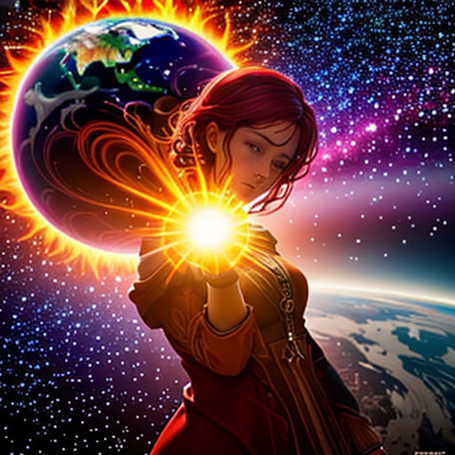a girl holding a glowing ball in her hands with the earth in the background and stars in the sky