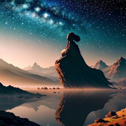 a person sitting on a rock looking at the stars in the sky above a lake and mountains with a reflection in the water