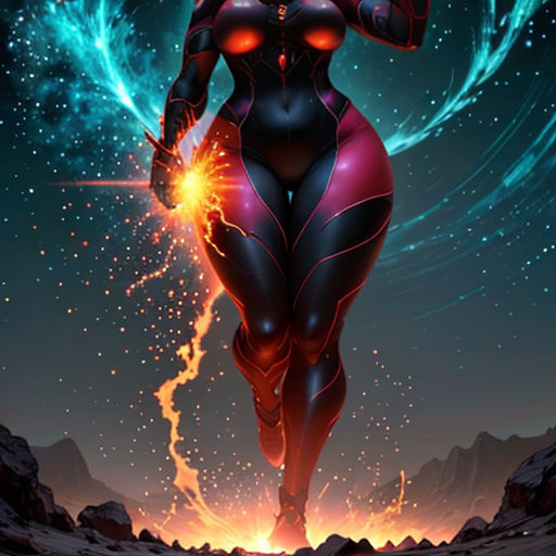a woman in a red and black outfit with a sword in her hand and a blue and red background