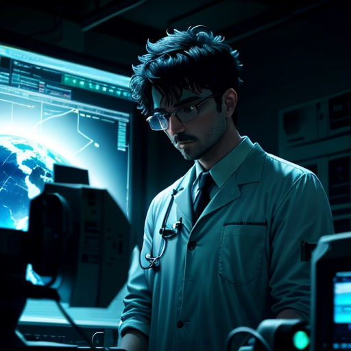a man in a lab coat looking at a computer screen with a world map on it and a stethoscope