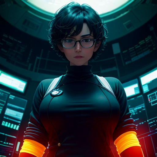 a woman in a black outfit and glasses standing in front of a room with many monitors and lights on