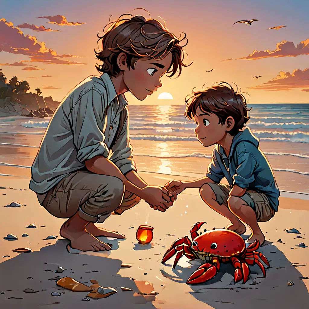 a boy and a boy are playing with a crab on the beach at sunset with a candle in front of them, fantasy art, a storybook illustration, Aaron Jasinski, comic cover art