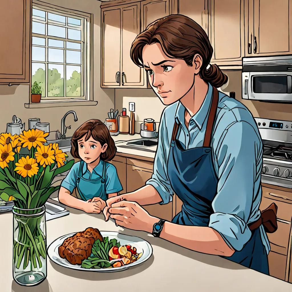 a woman and a child are in a kitchen with a plate of food on the counter and a vase of flowers, american realism, a comic book panel, Clarice Beckett, comic cover art