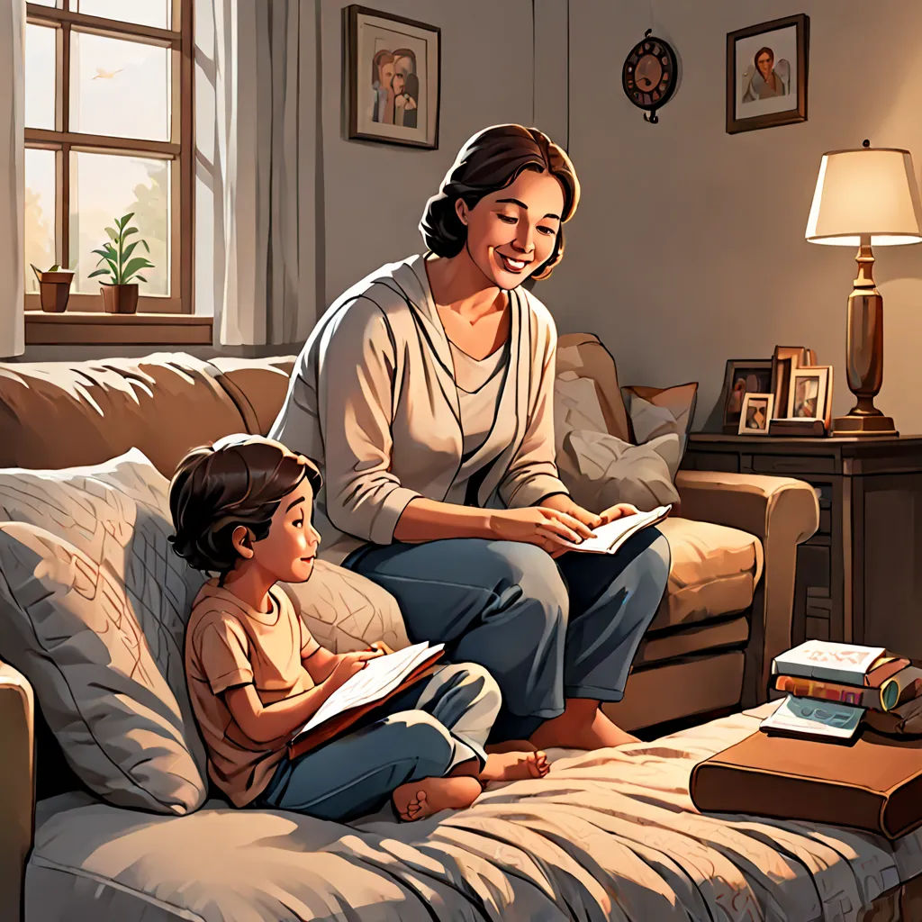 a woman and a child sitting on a couch reading books together in a living room with a lamp on, american scene painting, a storybook illustration, Art & Language, storybook illustration